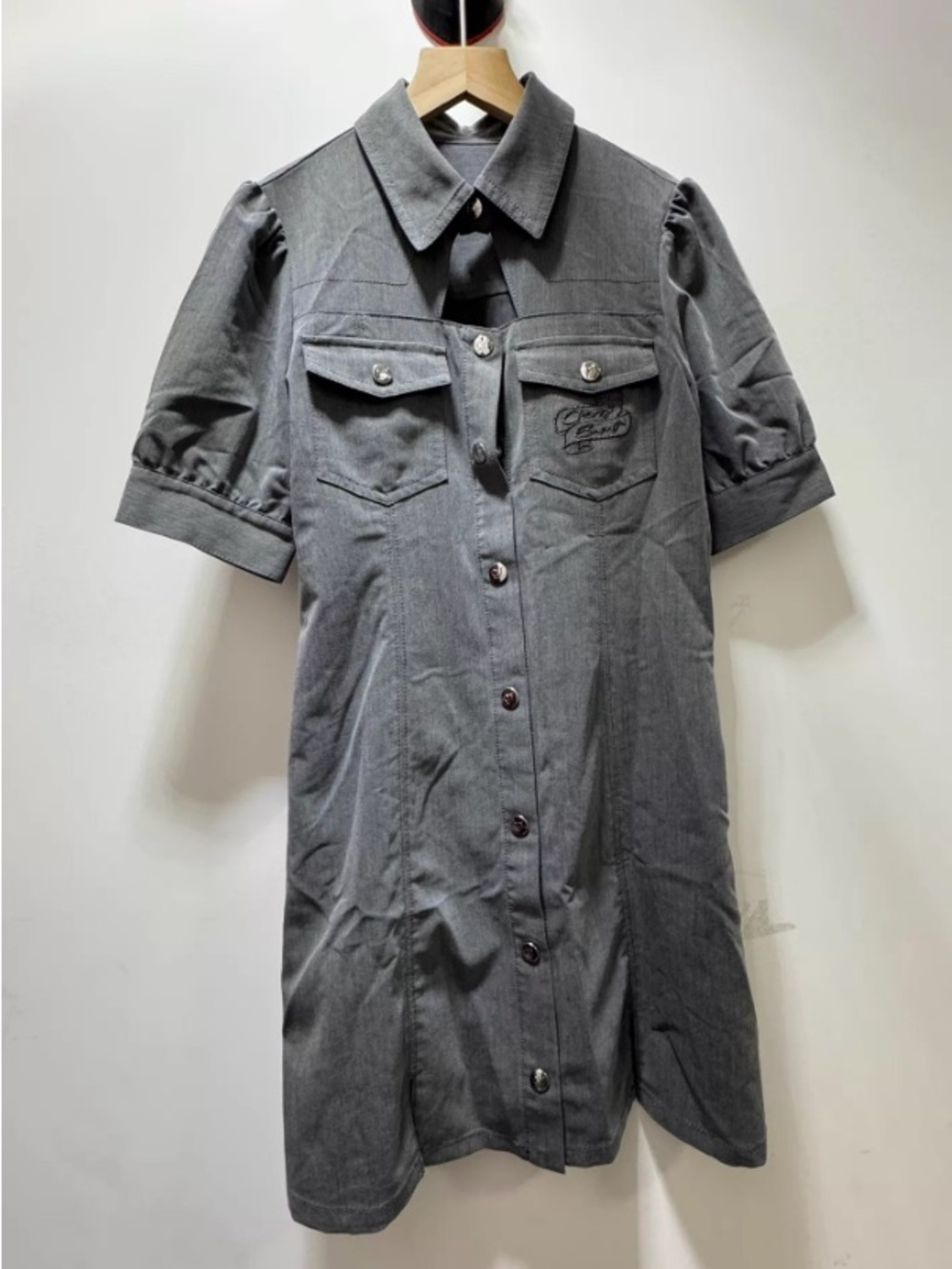 Gray Button-Front Short Sleeve Shirt Dress